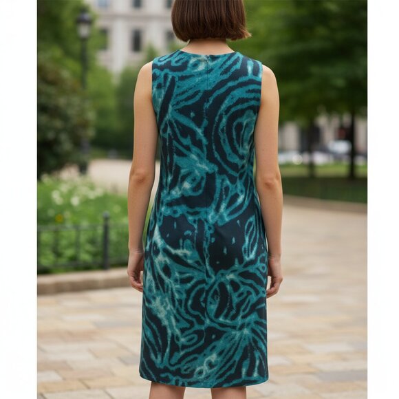 Jones New York Teal Black Abstract Print Sleeveless V-Neck Sheath Dress Size L - Picture 2 of 8